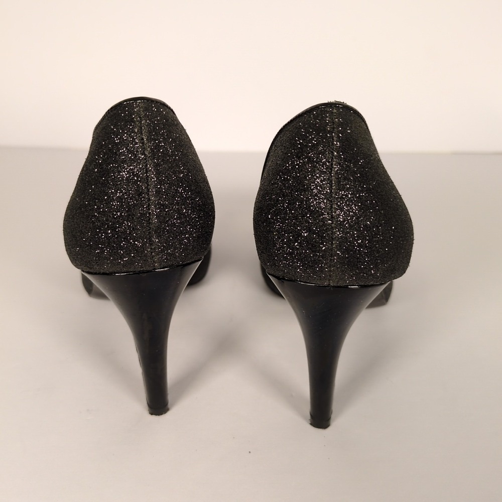 IMPO VTG‎ Black Heels SZ 7 Patent Leather Glitter Open Toe Bow Accent Pumps - Picture 4 of 8